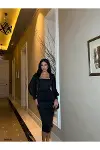 Kadın Trend Tasarım Kare Yaka Askılı Saten Kumaş Balık Kesim Abiye Elbise-3