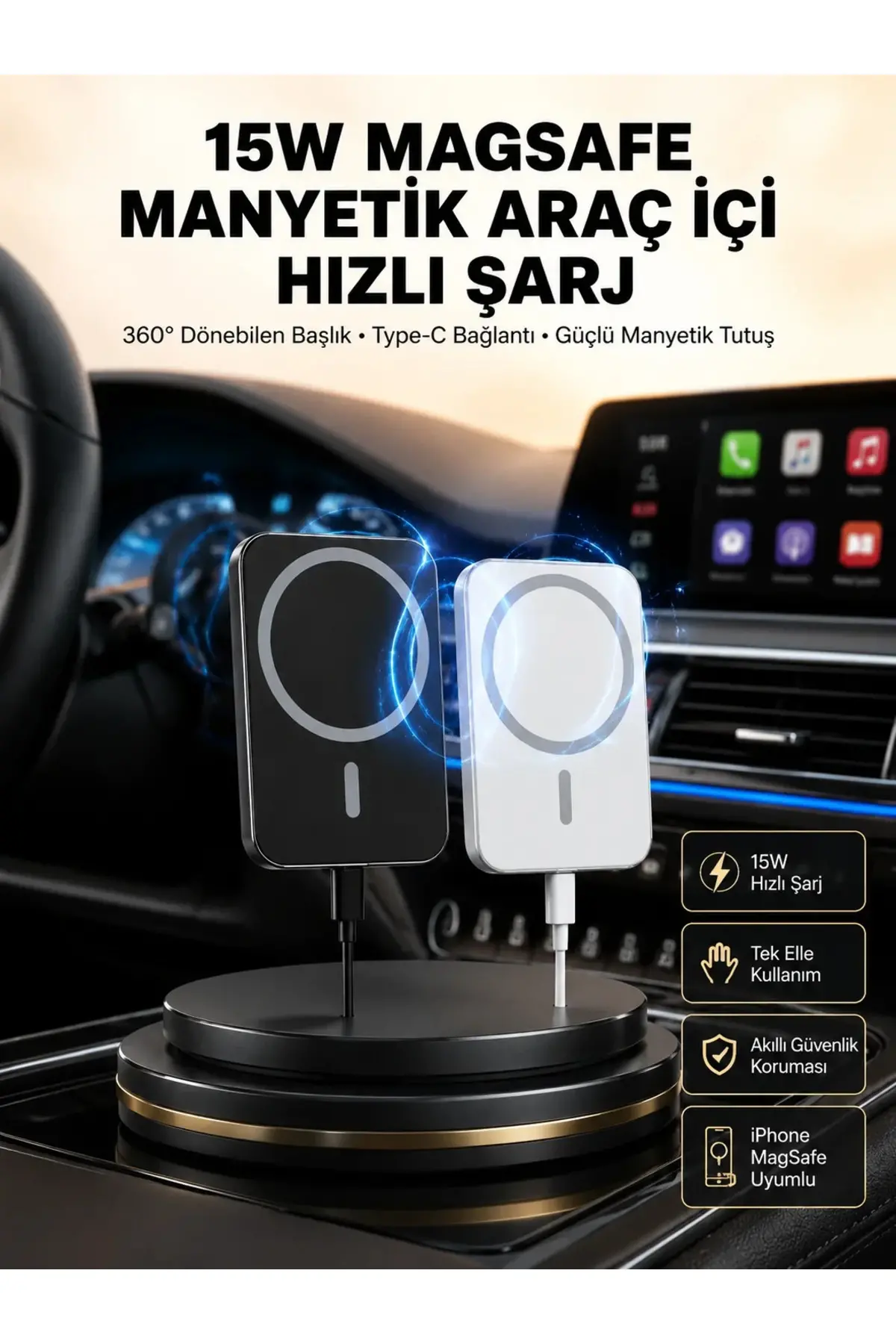 15W Kablosuz Şarj Destekli MagSafe Araç Tutucu Havalandırma Klipsli