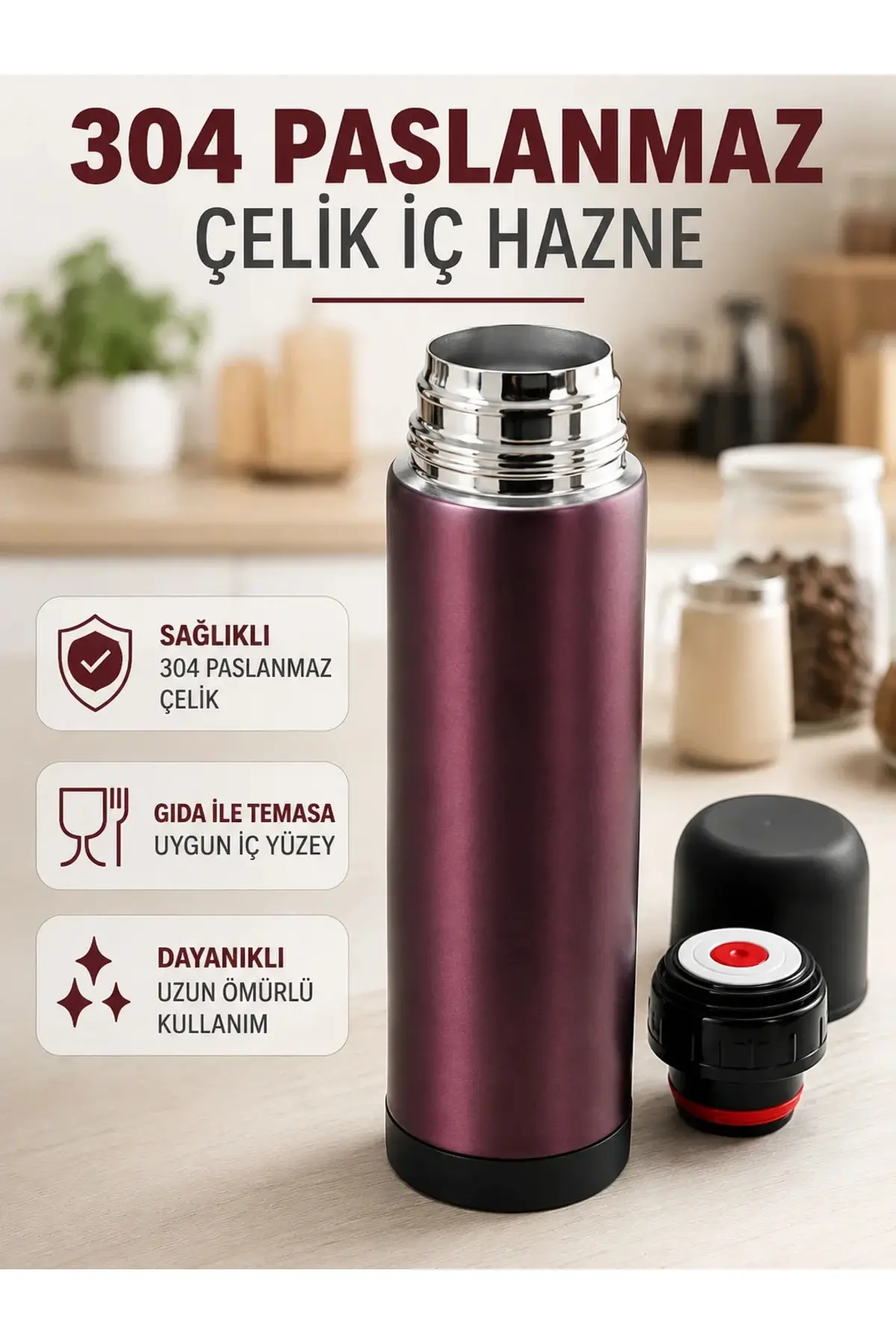Paslanmaz Çelik Seyahat Termosu Tek Tuşlu Vakumlu Kahve ve Çay Termosu