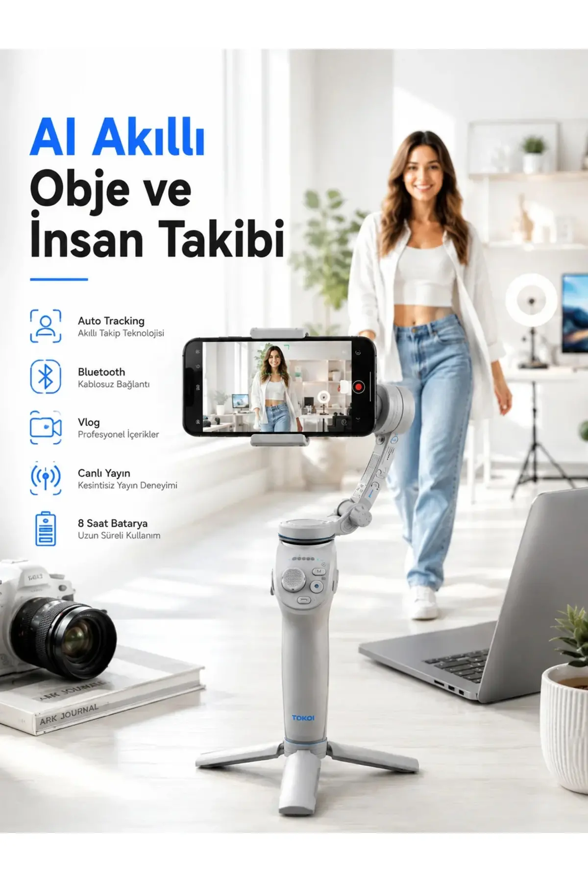 Yapay Zeka Takipli Telefon Gimbali Katlanabilir Tripod Bluetooth Kontrollü Dahili LED Işıklı