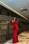 Kadın Yeni Sezon Esnek Kadife Kumaş Tek Omuz Abiye Elbise-5