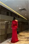 Kadın Yeni Sezon Esnek Kadife Kumaş Tek Omuz Abiye Elbise-7