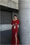 Kadın Modern Stil Kayık Yaka Taş Detaylı Uzun Kollu Abiye Elbise-2