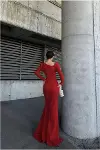 Kadın Modern Stil Kayık Yaka Taş Detaylı Uzun Kollu Abiye Elbise-3