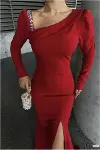 Kadın Modern Stil Kayık Yaka Taş Detaylı Uzun Kollu Abiye Elbise-4