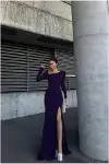 Kadın Modern Stil Kayık Yaka Taş Detaylı Uzun Kollu Abiye Elbise-5