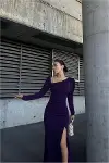 Kadın Modern Stil Kayık Yaka Taş Detaylı Uzun Kollu Abiye Elbise-6