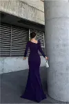 Kadın Modern Stil Kayık Yaka Taş Detaylı Uzun Kollu Abiye Elbise-7