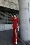 Kadın Modern Stil Kayık Yaka Taş Detaylı Uzun Kollu Abiye Elbise-1