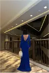 Kadın Günlük Krep Kumaş Degaje Yaka Dekolteli Abiye Elbise-3