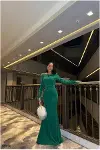 Kadın Günlük Krep Kumaş Degaje Yaka Dekolteli Abiye Elbise-5