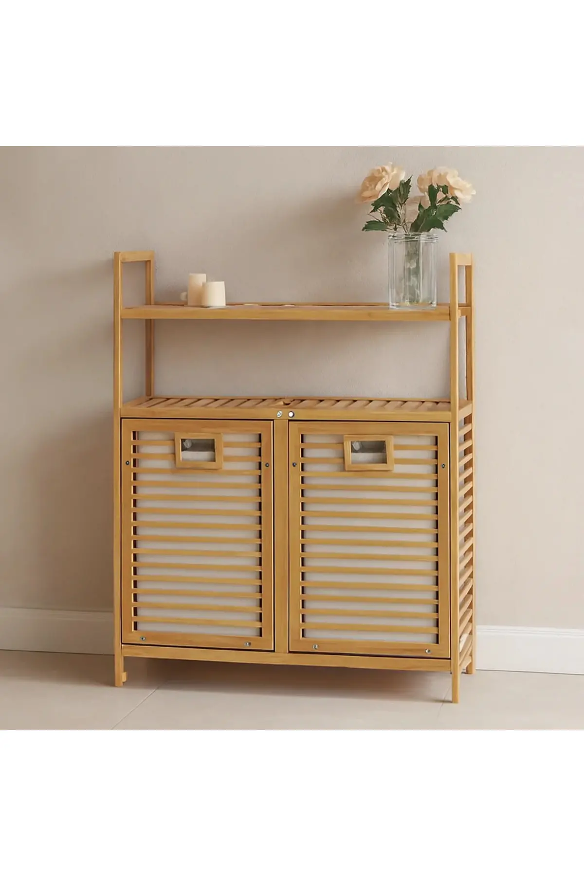 Bambu Kirli Çamaşır Sepeti 2 Bölmeli 2 Kat Organizer 80x33x87 cm