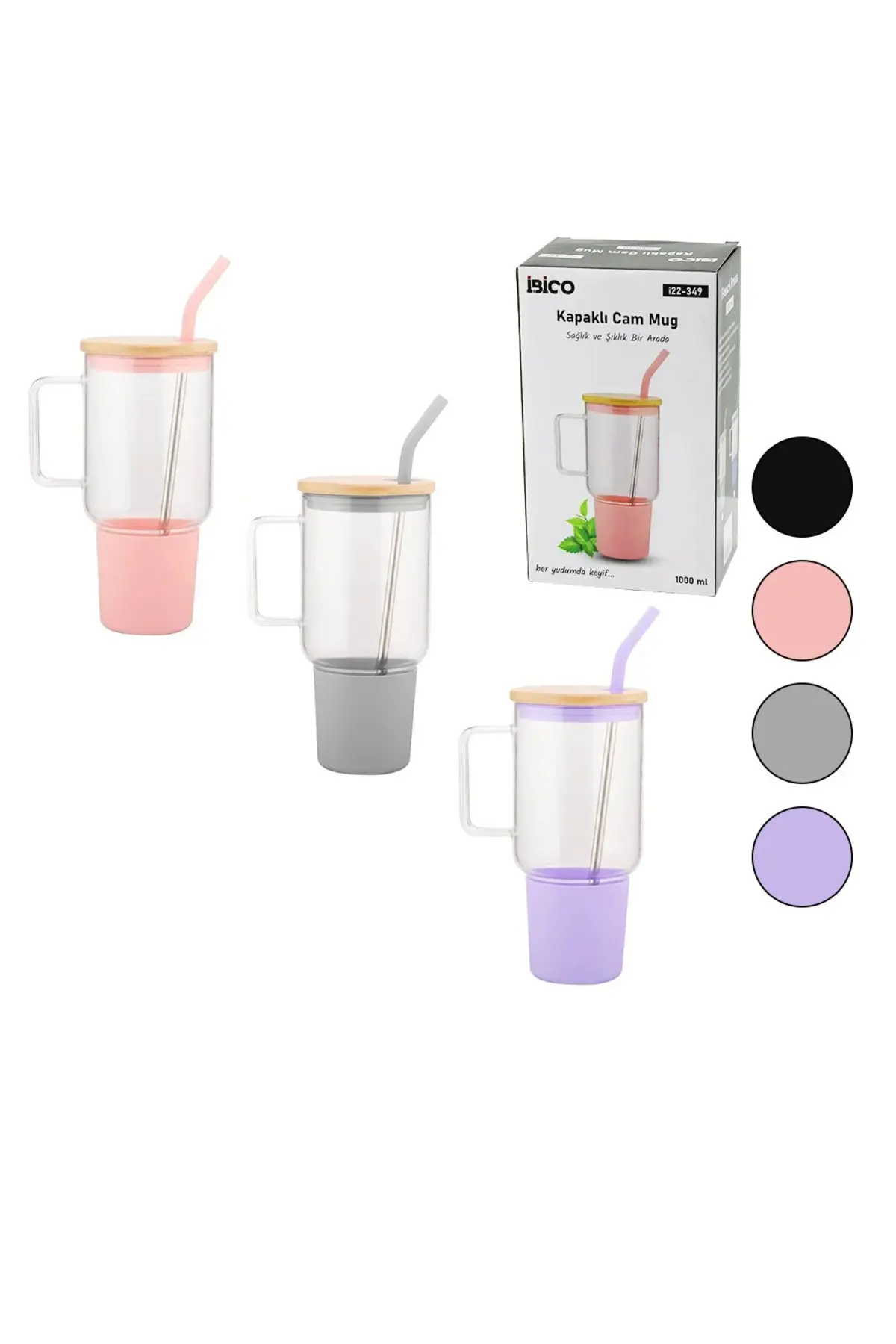 Cam 1000ML Matara - Suluk Bambu Kapak - Sızdırmaz Silikonlu Çelik Pipet Koruyucu Silikon Altlık - Kı