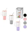 Cam 1000ML Matara - Suluk Bambu Kapak - Sızdırmaz Silikonlu Çelik Pipet Koruyucu Silikon Altlık - Kı-1