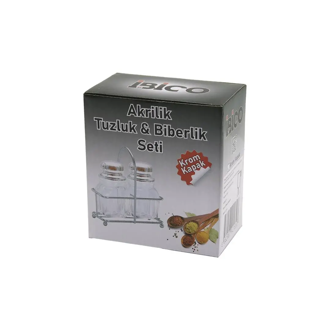 2PCS Krom Kapak Akrilik Tuzluk - Biberlik - Baharatlık Metal Standlı Kare - Köşeli