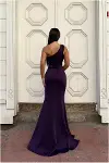 Kadın İnce Tek Omuz Taş Detaylı Abiye Elbise-3