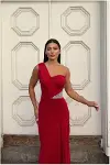 Kadın İnce Tek Omuz Taş Detaylı Abiye Elbise-7