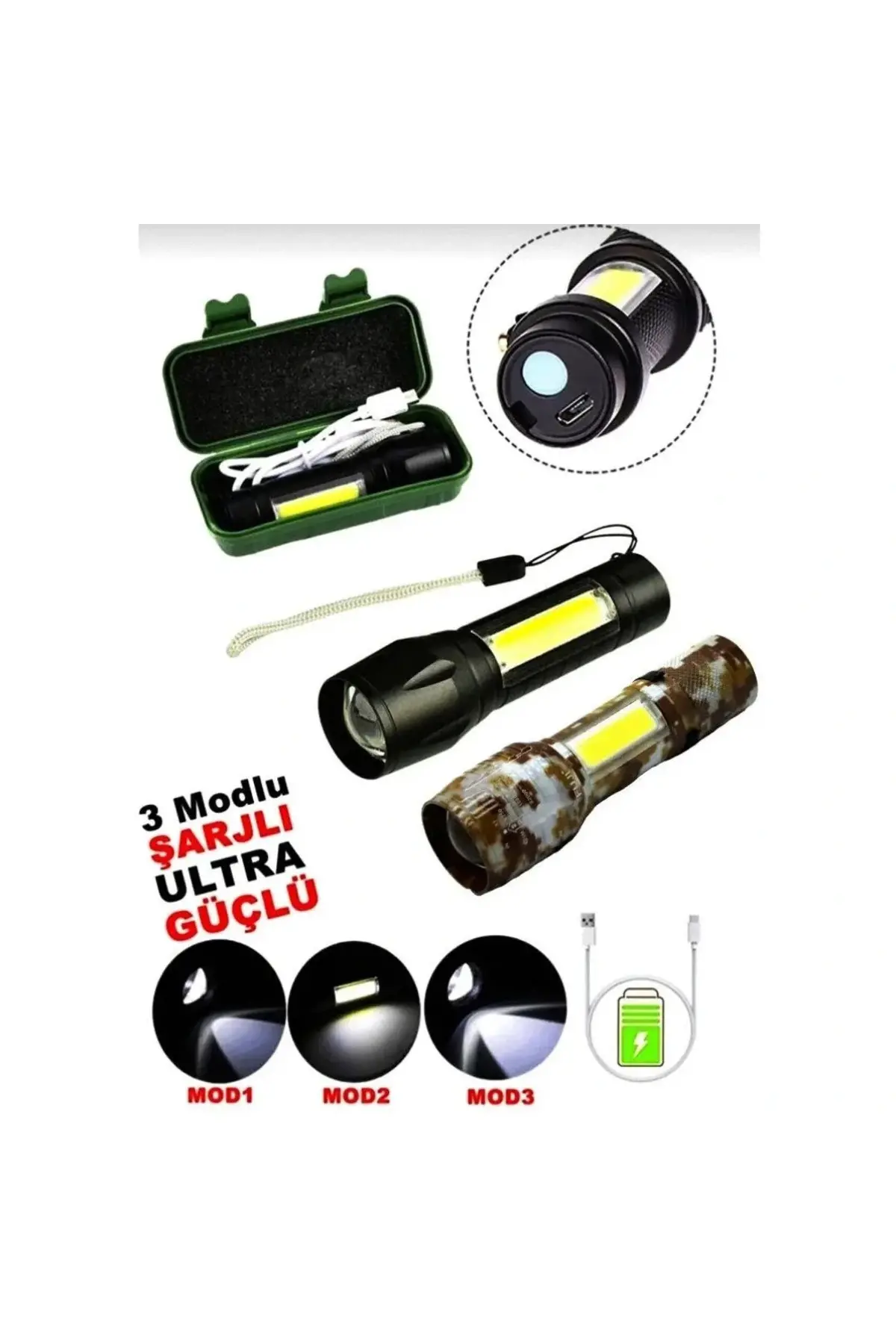 USB Şarjlı El Feneri 2 in 1