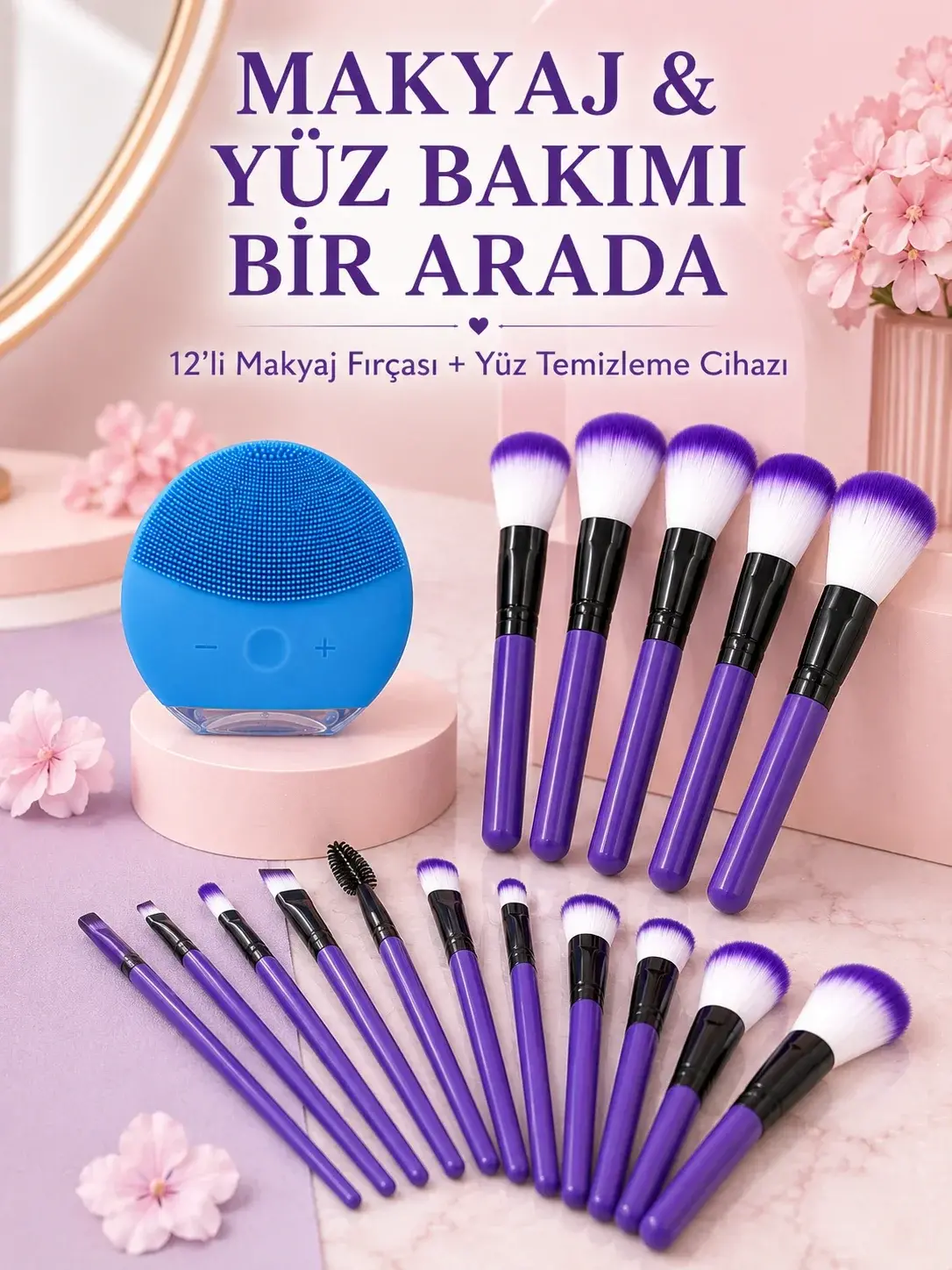 Makyaj ve Yüz Bakım Seti 12’li Mor Makyaj Fırçası Silikon Yüz Tezleme ve Cilt Bakım Cihazı