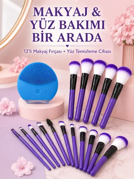 Makyaj ve Yüz Bakım Seti 12’li Mor Makyaj Fırçası Silikon Yüz Tezleme ve Cilt Bakım Cihazı