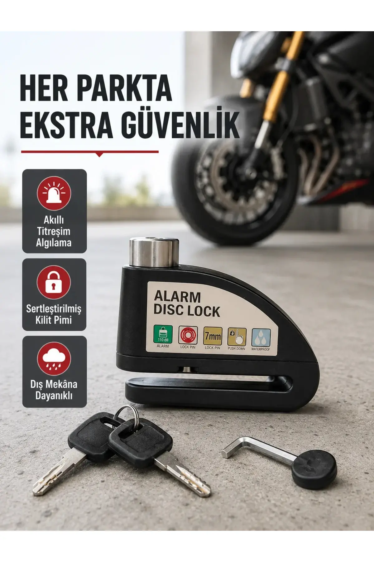 Titreşim Sensörlü Alarmlı Motosiklet Disk Kilidi 14mm Çelik Çift Kilitleme