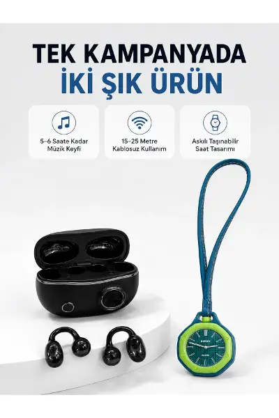 Yeşil Çanta Charm Saat ve Kablosuz Bluetooth Kulaklık İkili Seti Günlük Kullanım