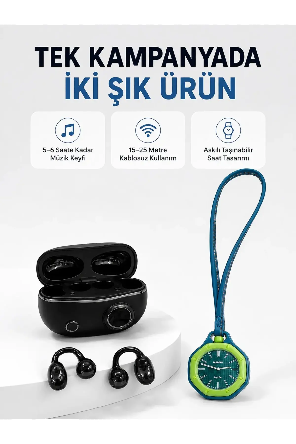Yeşil Çanta Charm Saat ve Kablosuz Bluetooth Kulaklık İkili Seti Günlük Kullanım