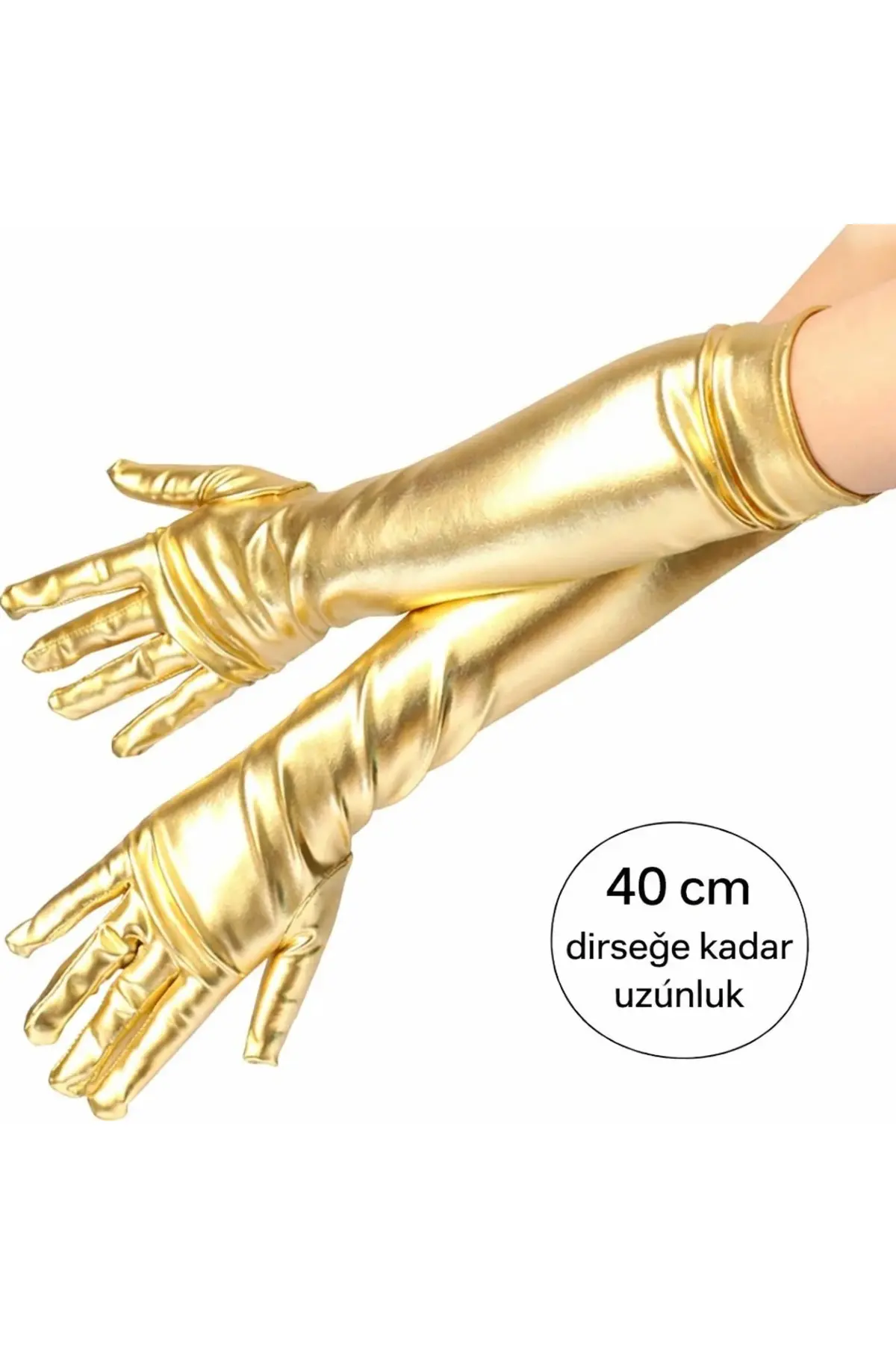 Altın Renk Dirsek Altı Lüks Saten Eldiven 40 Cm
