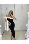 Kadın Tasarım Kayık Yaka Kolsuz Krep Kumaş A Kesim Abiye Elbise-1