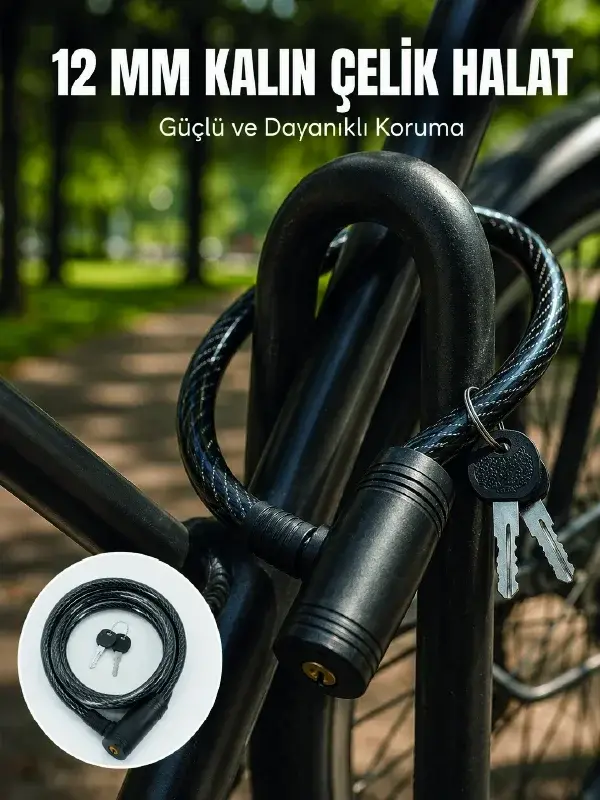 Anahtarlı Çelik Halat Kilit 12 mm Güçlü Bisiklet Kilidi 80 cm PVC Kaplamalı Elektrikli Scooter ve Mo