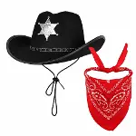 Çocuk Kovboy Şapka Rozetli Siyah Kırmızı Bandana Seti-2
