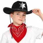 Çocuk Kovboy Şapka Rozetli Siyah Kırmızı Bandana Seti-1