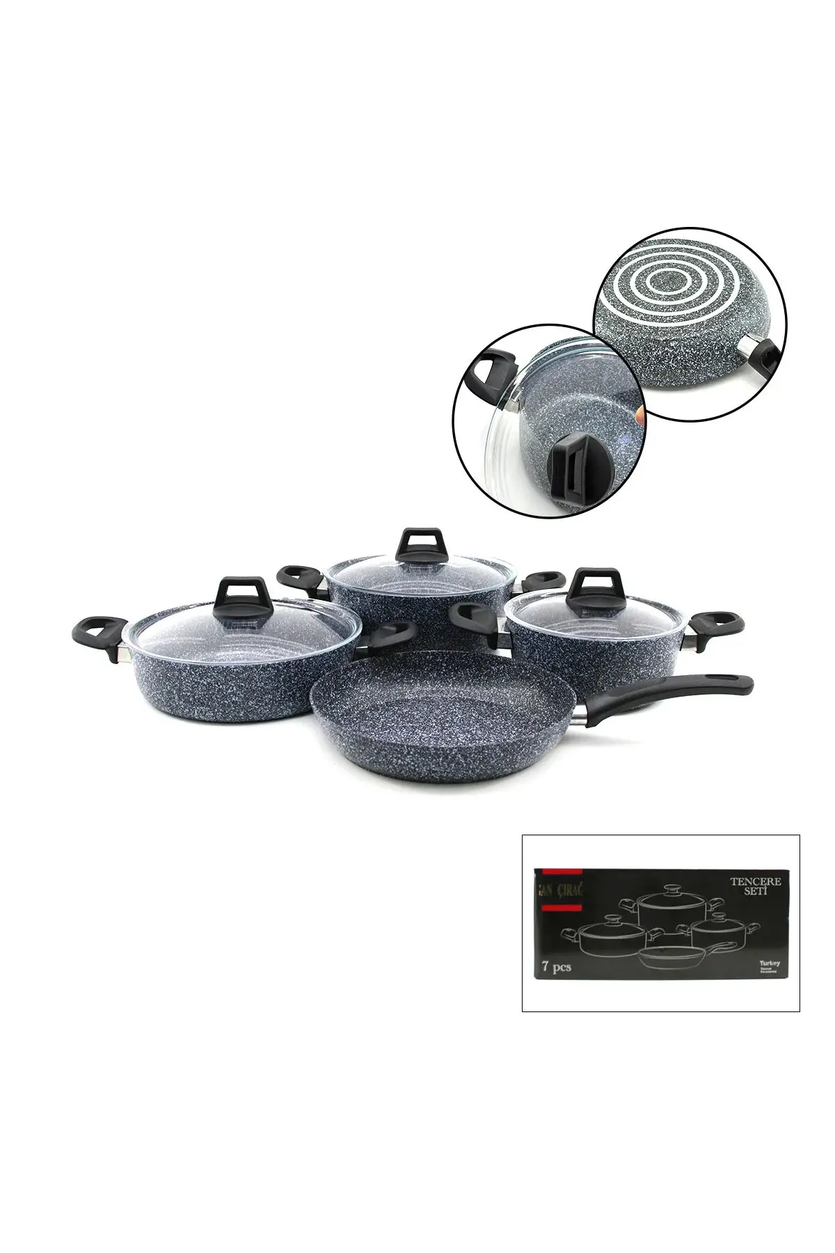 Gri 7 Parça Granit Tencere - Tava Seti 20-24CM Derin - 27CM Basık Cam Kapak Tencere - 26CM Tava