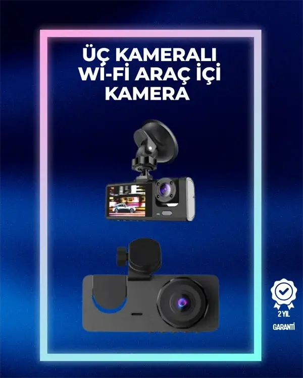1080p Ön + 720p Arka & İç Kamera – Suya Dayanıklı Araç Güvenlik Kamerası