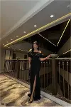 Kadın Modern Stil Krep Kumaş Straplez Yırtmaçlı Abiye Elbise-5
