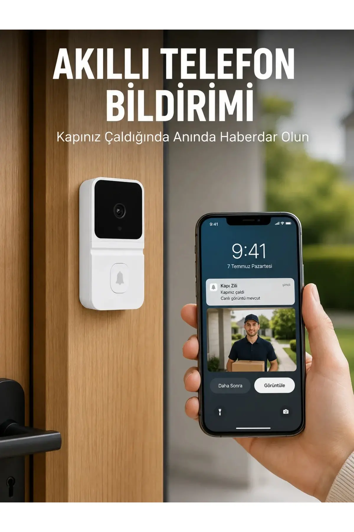 Beyaz Wi-Fi Akıllı Görüntülü Kapı Zili HD Kamera, Gece Görüşü ve Telefon Bildirimli Kablosuz Kapı Zi