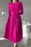Kadın Krep Kumaş Kemerli Midi Uzun Kollu Abiye Elbise-3
