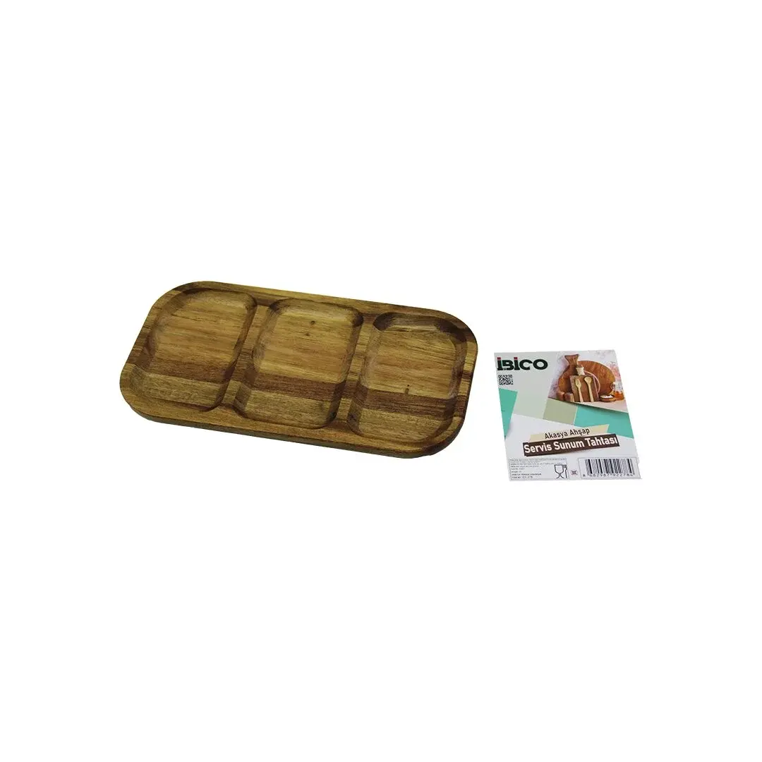 Akasya Dikdörtgen 3 BÖLMELİ=2+1 Ahşap Servis Sunum Tepsi - Tahtası 25 X 14 X 1.4CM