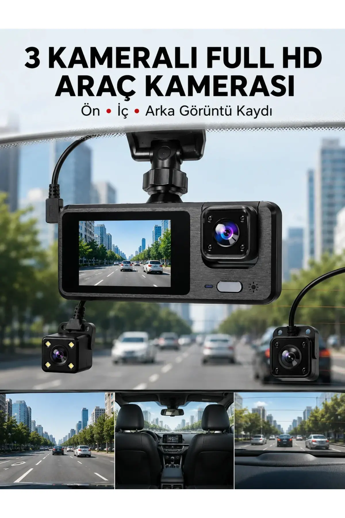 3 Klı Araç DVR – Ön + İç + Arka Kamera ile Tam Kapsama, Yüksek Güvenlik Yeni Nesil