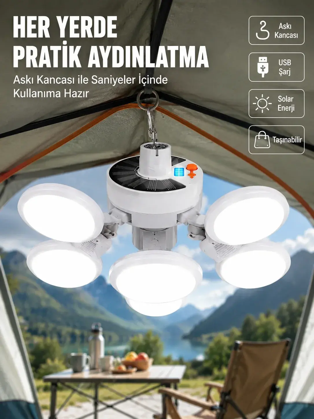 USB ve Solar Şarjlı Katlanabilir 5 Taraflı LED Lamba