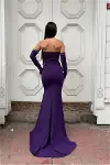 Kadın Zarif Detay Krep Kumaş V Yaka Balık Kesim Abiye Elbise-4