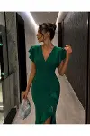 Kadın Vintage V Yaka Kısa Kol Balık Kesim Abiye Elbise-2