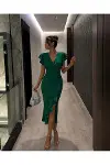 Kadın Vintage V Yaka Kısa Kol Balık Kesim Abiye Elbise-3