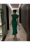 Kadın Vintage V Yaka Kısa Kol Balık Kesim Abiye Elbise-4