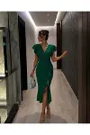 Kadın Vintage V Yaka Kısa Kol Balık Kesim Abiye Elbise-1