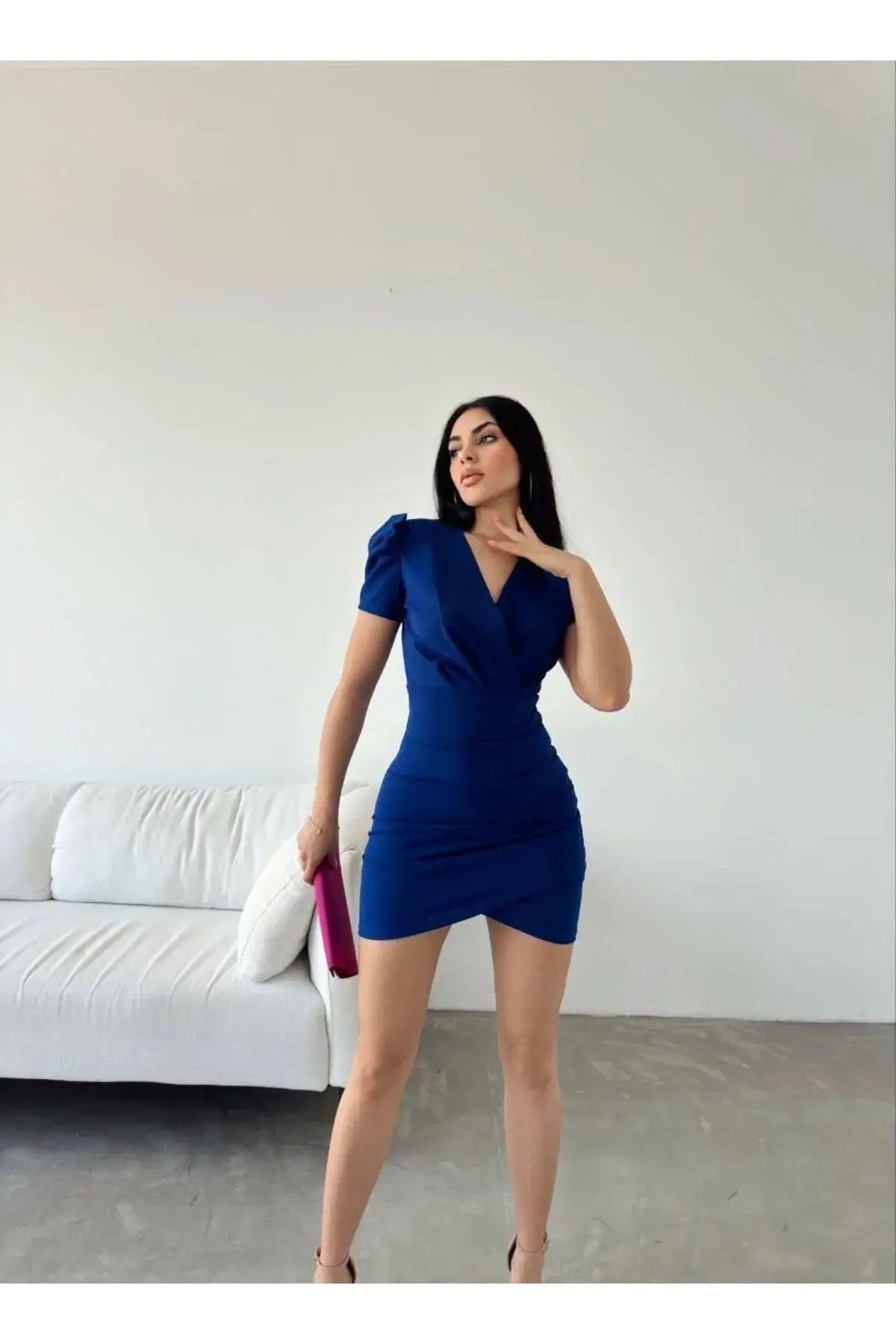 Kadın Trend Tasarım V Yaka Kısa Kol A Kesim Mini Abiye Elbise