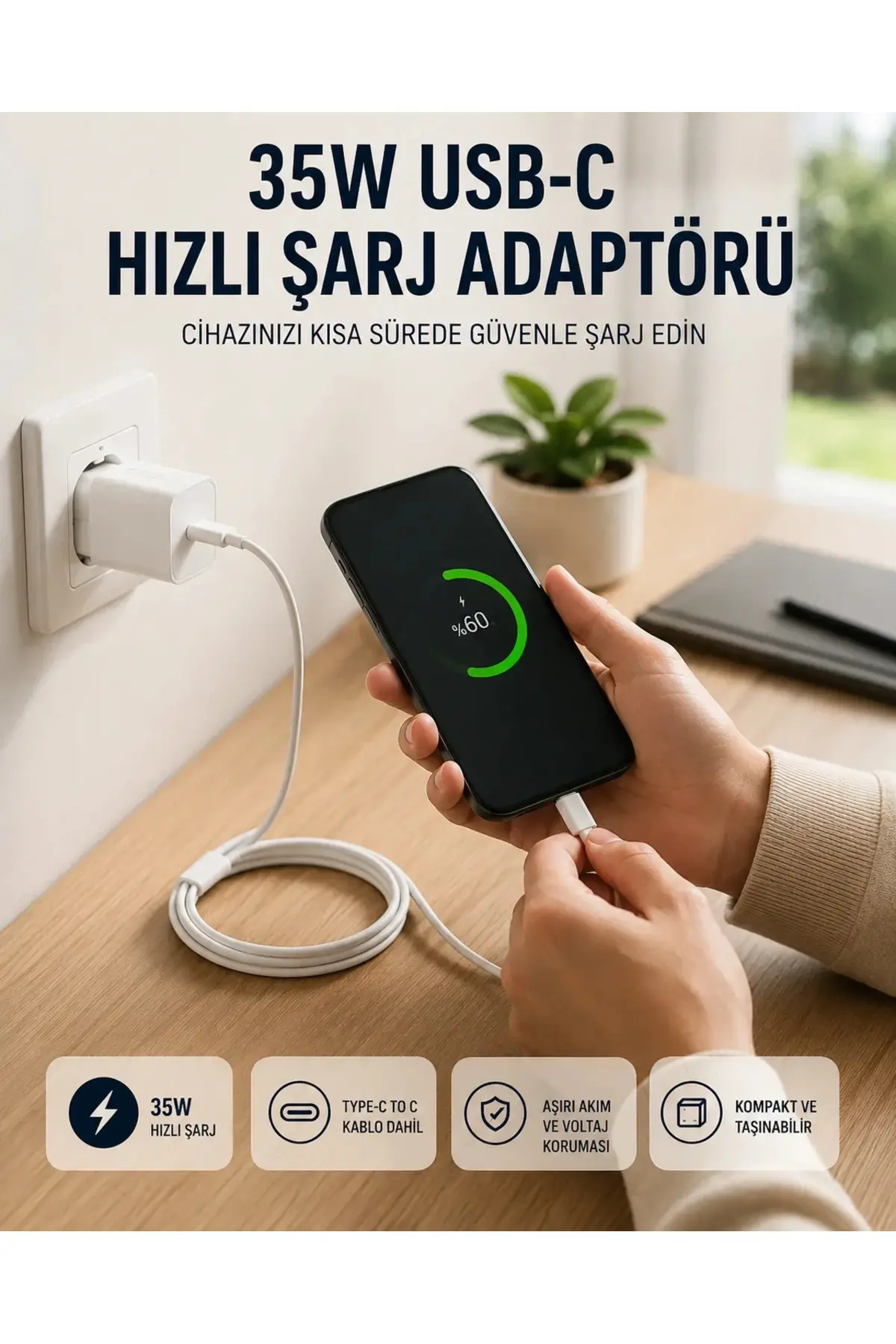 Type-C to C Kablolu 35W Hızlı Şarj Başlığı Set