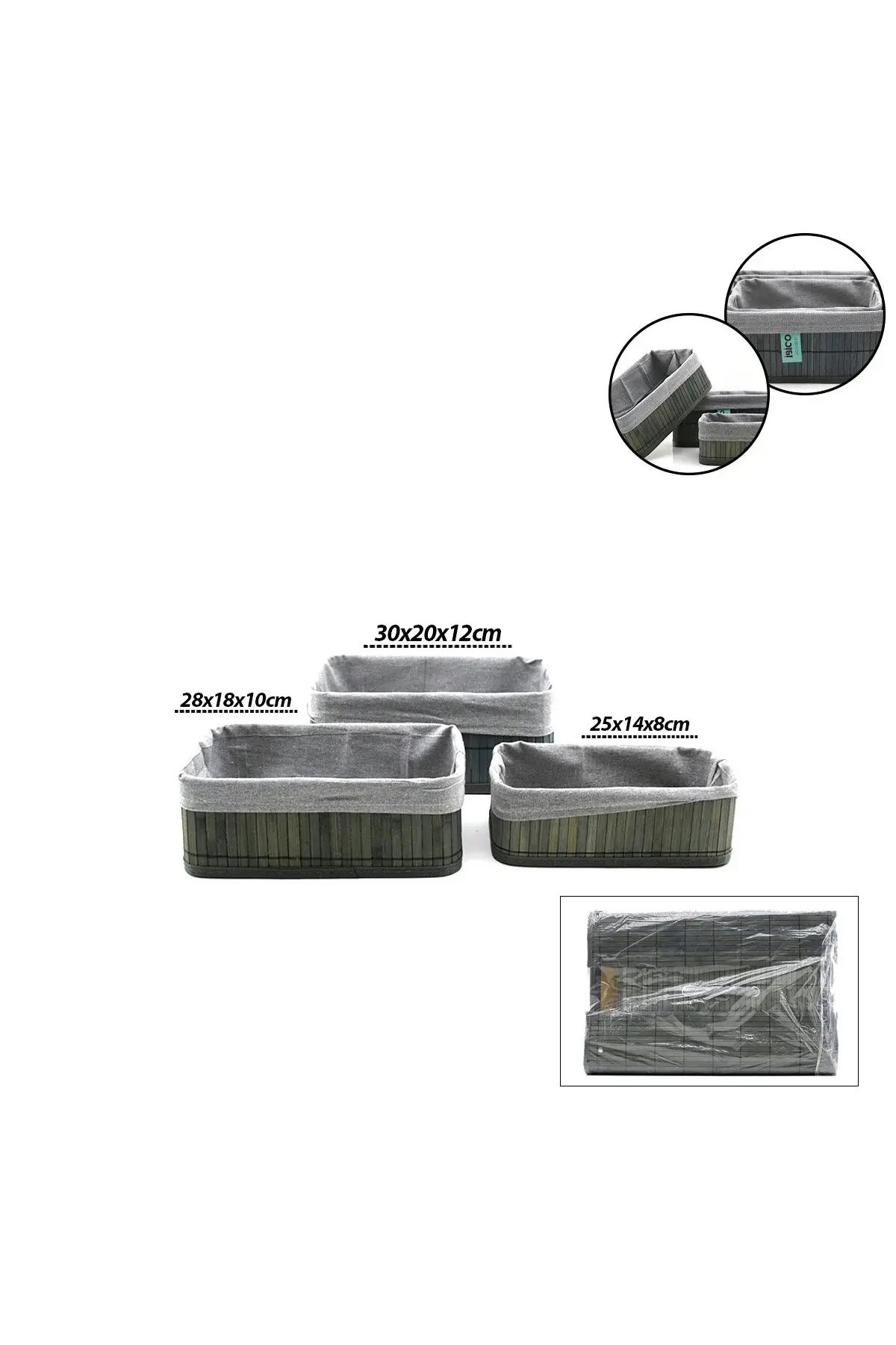 Gri 3 Boy D.dörtgen Bambu Kenar Organizer Sepet Ahşap Altlık - Bezli 25X14-28X18-20X30CM