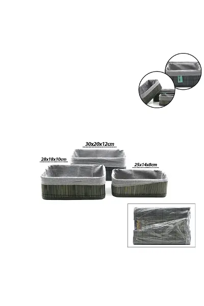 Gri 3 Boy D.dörtgen Bambu Kenar Organizer Sepet Ahşap Altlık - Bezli 25X14-28X18-20X30CM