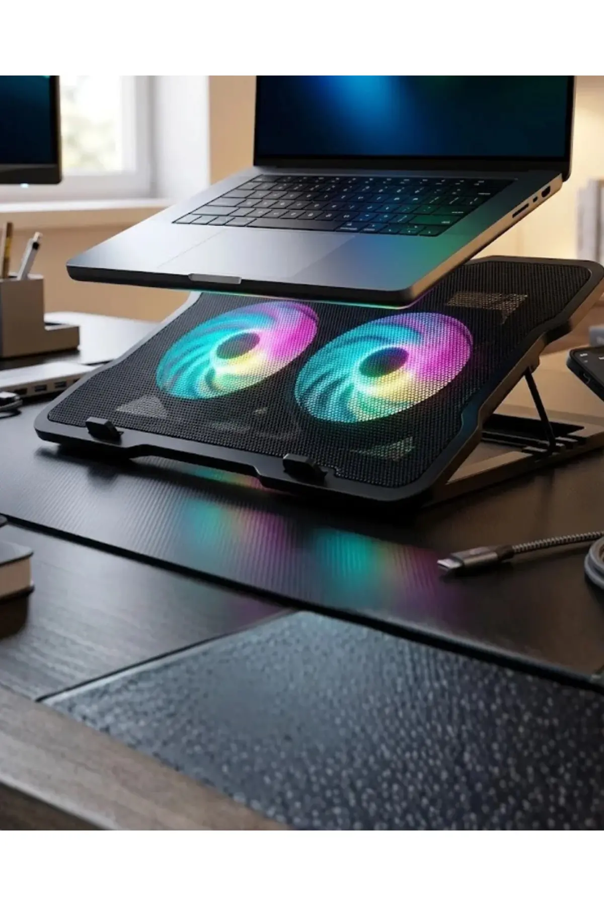 Ayarlanabilir Laptop Soğutucu Çift Fan RGB Işıklı Sessiz Çalışan